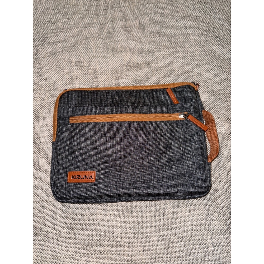 Kizuna Tablet Sleeve Case Pouch Bag Charcoal Gray Brown Trim Zipper Pockets